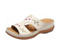 Wedge Sandals For Women UK Ladies Orthopedic Sliders Floral Embroidery Upper Leather Sandal Rubber Non-Slip Sole Comfy Open Toe Sports Walking Sandals Casual Slip On Summer Shoes With Arch Support