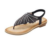 Wedge Sandals for Women UK T Bar Toe Post Rhinestone Boho Sandal Smart Casual Wide Width Slip On Sandals with Elastic Strap Ladies Low Heels Gladiator Sandal Summer Beach Sandles for Banquet Party