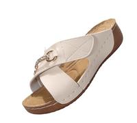 Wedge Sandals Slides Women Fish-Mouth Open-Toe Thick-Soled Beige Sandals Metal Chain Wedge Heel Slides Ladies Summer Lightweight Outdoor Beach Wear-Outside Slippers Plus Size Casual Shoes 3.5-7.5