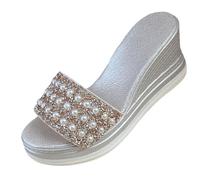 Wedge Sandals Slides Women Pearl Thick-Soled Arch Support Sandals Open Toe Platform Slides Ladies Summer Lightweight Outdoor Beach Wear-Outside Slippers Comfortable Plus Size Casual PU Shoes 3.5-7