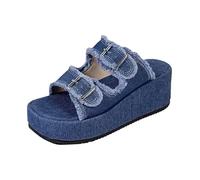 Wedge Sandals Summer Round Head Slippers With Soft Heel Cowboy Belt A Stirrup Sandal Slippers Female Summer Outside Wedge Sandals (Blue, 5.5)
