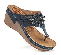 Wedge Sandals Women Flip Flops with Arch Support High Increased Flower Platform Sandals for Women Dressy Summer Wedge Shoes Massage Function Comfort Flip Flops, Blue, 4 UK