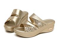 Wedge Sandals Women UK Clearance, Women's Sandals & Slides Sparkly Open Toe Slippers Comfy Mules Holiday Beach Shoes Fashion Ladies Summer Glitter Shoes Size 3.5-7.5