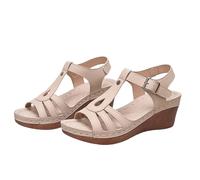 Wedge Sandals Women's Black Platform - Orthopaedic Women's Shoes for Older Women Double Stitched Walking Shoes with Adjustable Buckles Platform Sandals Open Toe Non-Slip Strappy Sandals, beige, 4 UK