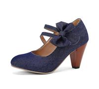 Wedge Shoes for Women Fresh Arrival Bow Decor Chunky Build Shallow Cut Denim Item Comfortable Fit Spring Fall Collection Mary Jane Heels