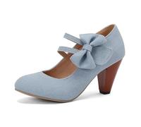 Wedge Shoes for Women Fresh Arrival Bow Decor Chunky Build Shallow Cut Denim Item Comfortable Fit Spring Fall Collection Mary Jane Heels