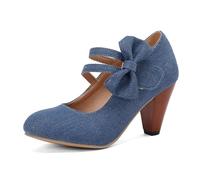 Wedge Shoes for Women Fresh Arrival Bow Decor Chunky Build Shallow Cut Denim Item Comfortable Fit Spring Fall Collection Mary Jane Heels