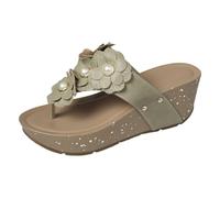 Wedge Thong Sandals For Women,Platform Flip Flops For Women Breathable Open Toe Slides With Pearl Floral Applique Non-Slip Summer Slippers Comfortable Thick Cushion Mules For Outdoor Beach