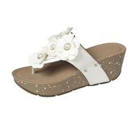Wedge Thong Sandals For Women,Platform Flip Flops For Women Breathable Open Toe Slides With Pearl Floral Applique Non-Slip Summer Slippers Comfortable Thick Cushion Mules For Outdoor Beach