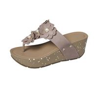 Wedge Thong Sandals For Women,Platform Flip Flops For Women Breathable Open Toe Slides With Pearl Floral Applique Non-Slip Summer Slippers Comfortable Thick Cushion Mules For Outdoor Beach