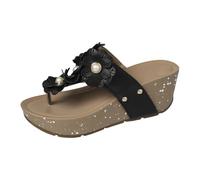 Wedge Thong Sandals For Women,Platform Flip Flops For Women Breathable Open Toe Slides With Pearl Floral Applique Non-Slip Summer Slippers Comfortable Thick Cushion Mules For Outdoor Beach
