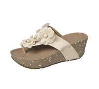 Wedge Thong Sandals For Women,Platform Flip Flops For Women Breathable Open Toe Slides With Pearl Floral Applique Non-Slip Summer Slippers Comfortable Thick Cushion Mules For Outdoor Beach