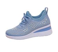 Wedge Trainers for Women Rhinestone Wedge Sneakers, Glittery Platform Trainers with Sparkling Diamante Beads, Breathable Slip On Walking Shoes for Women, Lightweight Casual Sports Sneakers Sky Blue