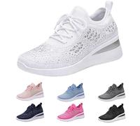 Wedge Trainers for Women Sparkle Rhinestone Sneakers Solid Color Mesh Sneakers Lightweight Breathe Athletic Walking Shoes Soft Comfort Slip On Trainers for Everyday Athletic Wear Running White
