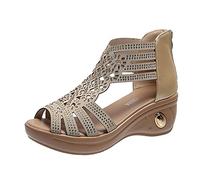 Wedges for Women Sandals Ladies Sale UK Clearance Peep Toe Mid Wedge Heel Diamond Rhinestone Strappy T-Strap Casual Dress Sandals with Back Zip Closure Footwear Gifts