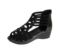 Wedges for Women Sandals Ladies Size 6 UK Clearance Peep Toe Mid Wedge Heel Diamond Rhinestone Strappy T-Strap Casual Dress Sandals with Back Zip Closure Black Footwear Gifts