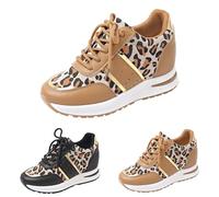 Wedges Trainers for Women Hightop Leather Slip On Chunky Sole Platform Ladies Ladies Lace Up Trainers Leopard Print Sneakers Durable Hiking Shoes Comfortable Thick Shoe Lightweight Comfy Shoe Khaki