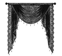 Wedhapy Black Lace Curtains Waterfall Valance with Bead Tassels 39x41 Vintage Floral Black Lace Valance Curtains Semi Sheer Privacy Gothic for Halloween