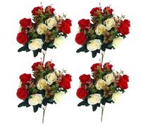 Wedhapy Cemetery Flowers for Grave, 4 Bunches Fake Roses 11.8'' Artificial Flowers for Graves 12 Flower Heads Silk Memorial Flowers for Grave Vase Cemetery Decor Red Artificial Flowers For Graves Gr