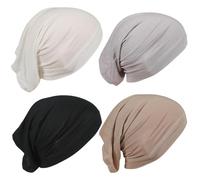 Wedhapy Hijab Cap 4Pcs Hijab Undercap Breathable Cotton Liner with Elastic Tie Soft Solid Color Lightweight Soft Underscarf(Beige, Light Grey, Black, Camel Color)