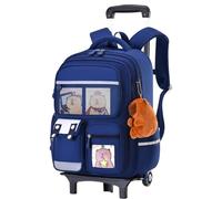 Wedhapy Kawaii Backpack for School Rolling Backpack with Wheels Large Capacity with Multiple Compartments Cute Cartoon Print School Bag Reflective Strap Retractable Handle, Dark Blue