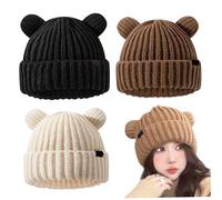 Wedhapy Knitted Hat Bear Hat 3PCS Cute Bear Winter Hat Unisex Cuffed Soft Warm Hats with Bear Ears Skull Cap for Women ＆ Men Skiing, Cycling