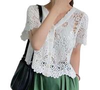 Wedhapy Lace Cardigan for Women Short Hollow Out Button Up White Lace Cardigan with Short Sleeve & V Neck Average Size Crochet Shrug for Summer