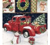 Wedhapy Red Polyester Fabric Panel, Mixed Snowman, Snow Pumpkin, and Red Truck Collage, 90x110cm