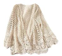 Wedhapy Summer Cardigan Summer Knits for Women Cotton Creamy White Long Sleeve Hollow Out Crochet Cardigans Boho Floral Spring Breathable Lace Crochet Kimono Cover-Up, Average Size
