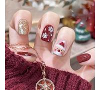 Wedity 24Pcs Christmas Tree Love Short Fake Nails Pearl Flowers Dog Rabbit Acrylic False Nails Press on Nails for Women Girls (A)