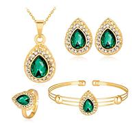 Wedity Bride Wedding Water Drop Crystal Necklace Earrings Bracelet Ring Set Gold Bridal Heart Pendant Choker Necklaces Jewelry for Women and Girls (Green)