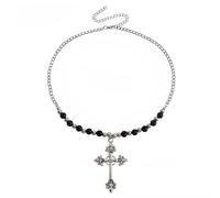 Wedity Crystal Cross Necklace Pearl Bead Collar Chain Cross Pendant Necklaces Simple Cute Vintage Necklaces Jewelry for Women (Black)