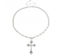 Wedity Crystal Cross Necklace Pearl Bead Collar Chain Cross Pendant Necklaces Simple Cute Vintage Necklaces Jewelry for Women (White)