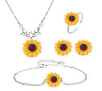 Wedity Sunflower Necklace Sunflower Earrings Ring Flower Bracelets Set Jewelry Adjustable for Women Girls (Silver)