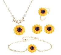 Wedity Sunflower Necklace Sunflower Earrings Ring Flower Bracelets Set Jewelry Adjustable for Women Girls (Gold)