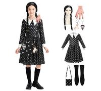 Wednesday Addams Costume Children, Wednesday Addams Costume Girls with Bag Wednesday Cosplay Costume Halloween Cosplay Fancy Dress Costumes Outfit (S, 120 cm)