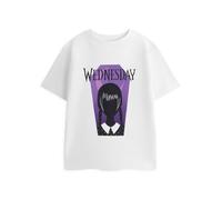 Wednesday Addams Kids White Short Sleeve Graphic Tee | Cartoon T-Shirt with Purple Coffin Silhouette | Streetwear Style for Halloween & Casual Wear Merch