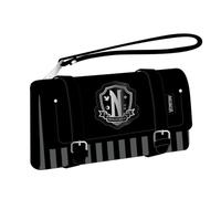 Wednesday Addams Nevermore Academy Clutch Wallet - Black Faux Leather Striped Purse with Crest, Wrist Strap & Multiple Compartments - Official Wednesday Merchandise