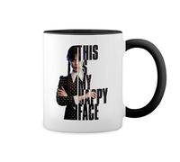 Wednesday Addams This is My Happy Face Fun New Trend Fun Lustig White Coffee Mug with Black Rim & Handle