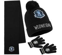 Wednesday Beanie Winter Accessories Set for Girls & Teens 6-14 Years, 3pcs Warm Knit Hat Scarf Gloves, Gothic Gifts for Girls
