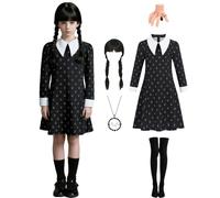 Wednesday Costume Girls Black Dress with Motif Print, Gothic Halloween Children's Costume with Peter Pan Collar, Wig & Accessory Set, Knee Stockings, Chain, Hair Clip A051L