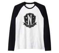 Wednesday Nevermore Logo Distressed Raglan Baseball Tee
