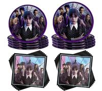 Wednesday Party Tableware Set, 40 Pieces Party Tableware Children's Birthday, Wednesday Theme Birthday Party, with Paper Plates Napkins, for 10 Guests