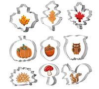 WEDNOK 9pcs Autumn Cookie Cutters Thanksgiving Day Cookie Cutter Leaves Biscuit Cutter Stainless Steel DIY Cookie Cutter with Maple Leaf Oak Leaf Squirrel Acorn Hedgehog Pumpkin for Biscuit Fondant