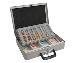 WEDO Maxi 149100812 Cash Counting Box, Powder-Coated Sheet Steel, with 2 Carrying Handles and 4 Compartment Insert for Banknotes, Cylinder Security Lock, 37 x 29 x 11 cm, Grey