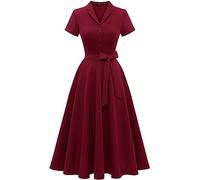 WedTrend Women's Burgundy 1950s Vintage A-Line Midi Dress, S, V-Neck, High Waist, Short Sleeve, Removable Belt, Bow, Adult Women, Formal Occasion, Retro Style, Size S