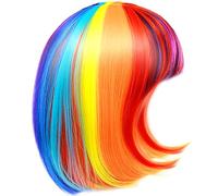 Weduspaty Rainbow Wig, 12 Inch Short Synthetic Hair Wig with Bangs, Adjustable Size, Multicolor, Modern Style, Unisex, WIG