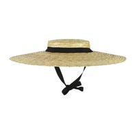 Weduspaty Women Vintage Boater Hats, Wide Brim Straw Hat Flat Top Sun Hat with Chin Strap for Women Summer Beach