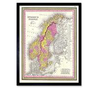 Wall Art Print 1850 Mitchell Vintage Map Scandinavia Colour Coding Sweden And Norway Art Framed Artery8 Black W12 inch x H16 inch