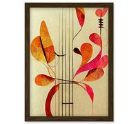 Wee Blue Coo Abstract Autumnal Boho Leaves and Musical Music Staff Lines Cream Pink Copper Yellow Artwork Framed Wall Art Print A4